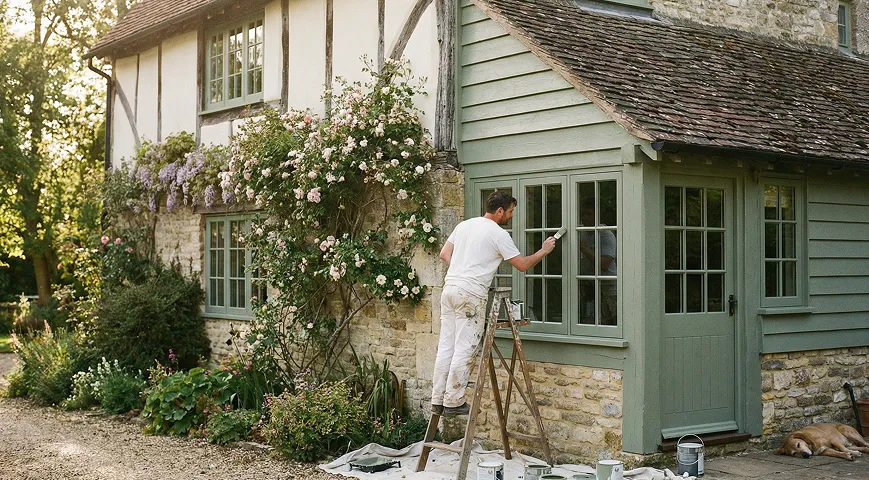 Ouvrier peignant une façade